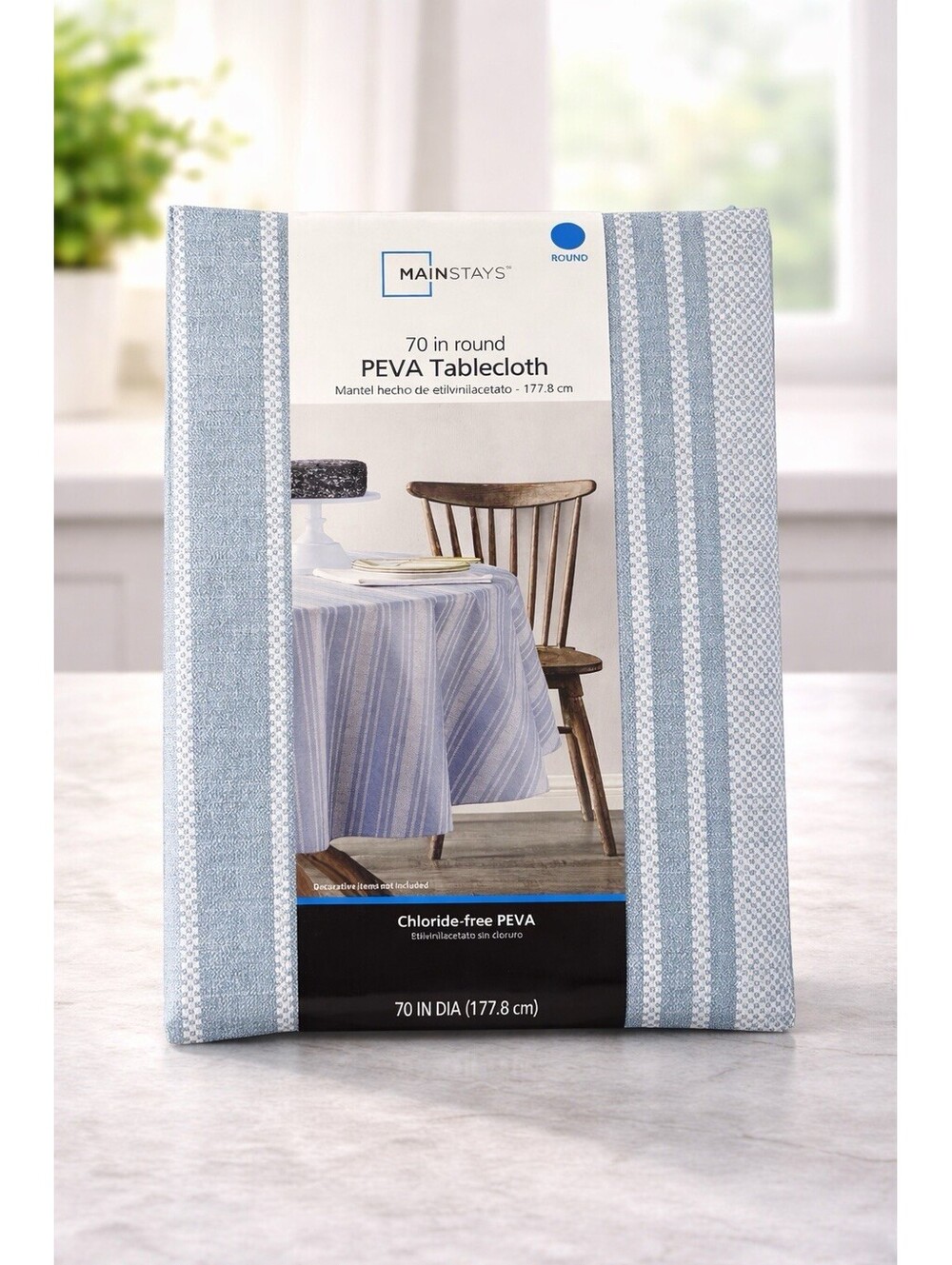 Mainstays Chloride-Free PEVA Round Tablecloth 70 in Blue White Striped